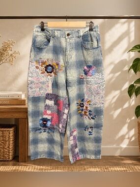 NWT POL Floral Embroidered Patchwork Twill Straight Leg Blue Plaid Pants